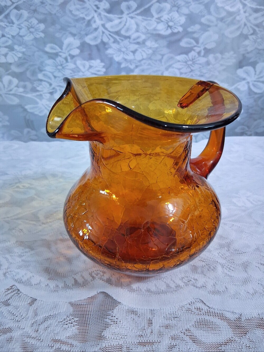 Vintage Mid-Century Amber Art Glass Pitcher Crackle Finish Medium Size MCM - Picture 4 of 16